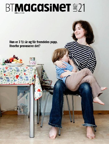 Norwegian magazine cover featuring a breastfeeding toddler